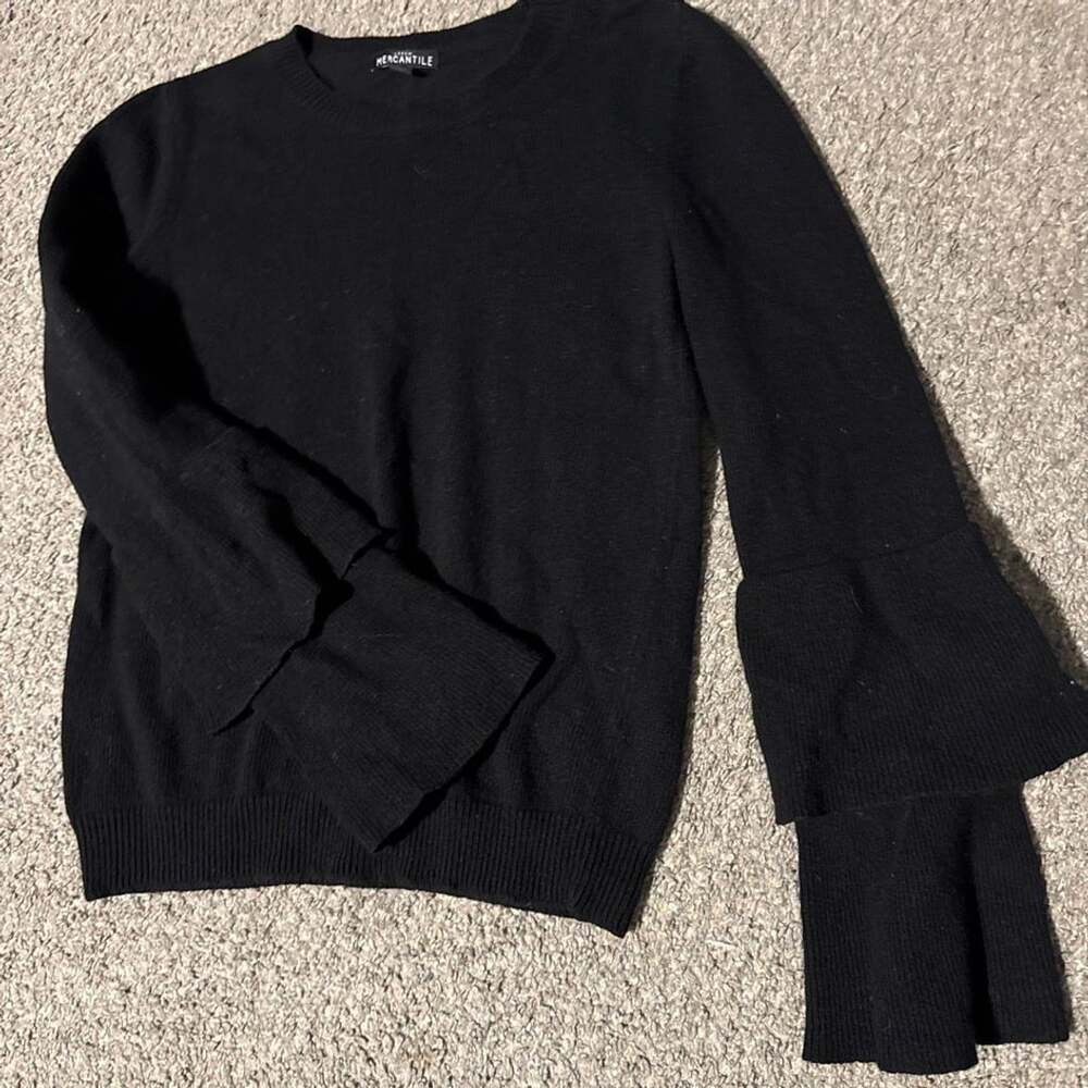 J.Crew Mercantile Ruffle Cuff cotton wool blend Sweater Size S Black